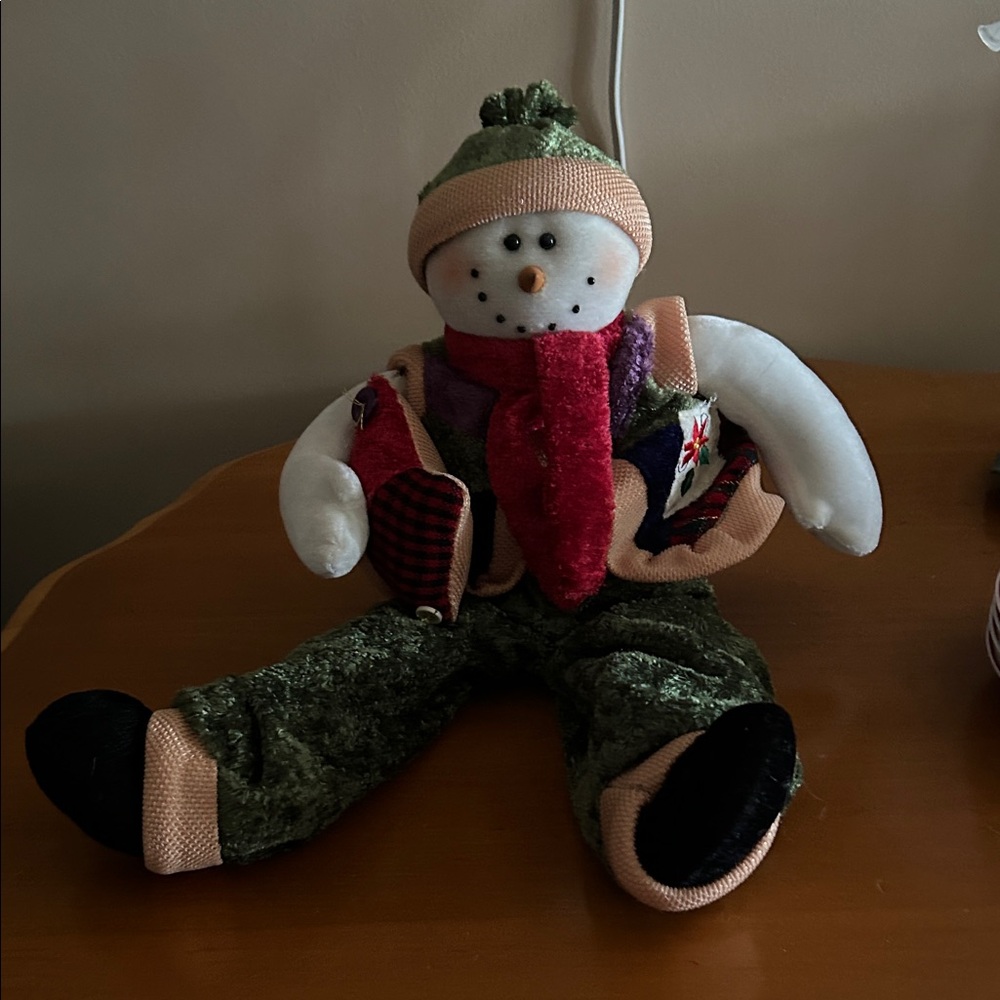 Festive Snowman Plush with Green and Red Outfit